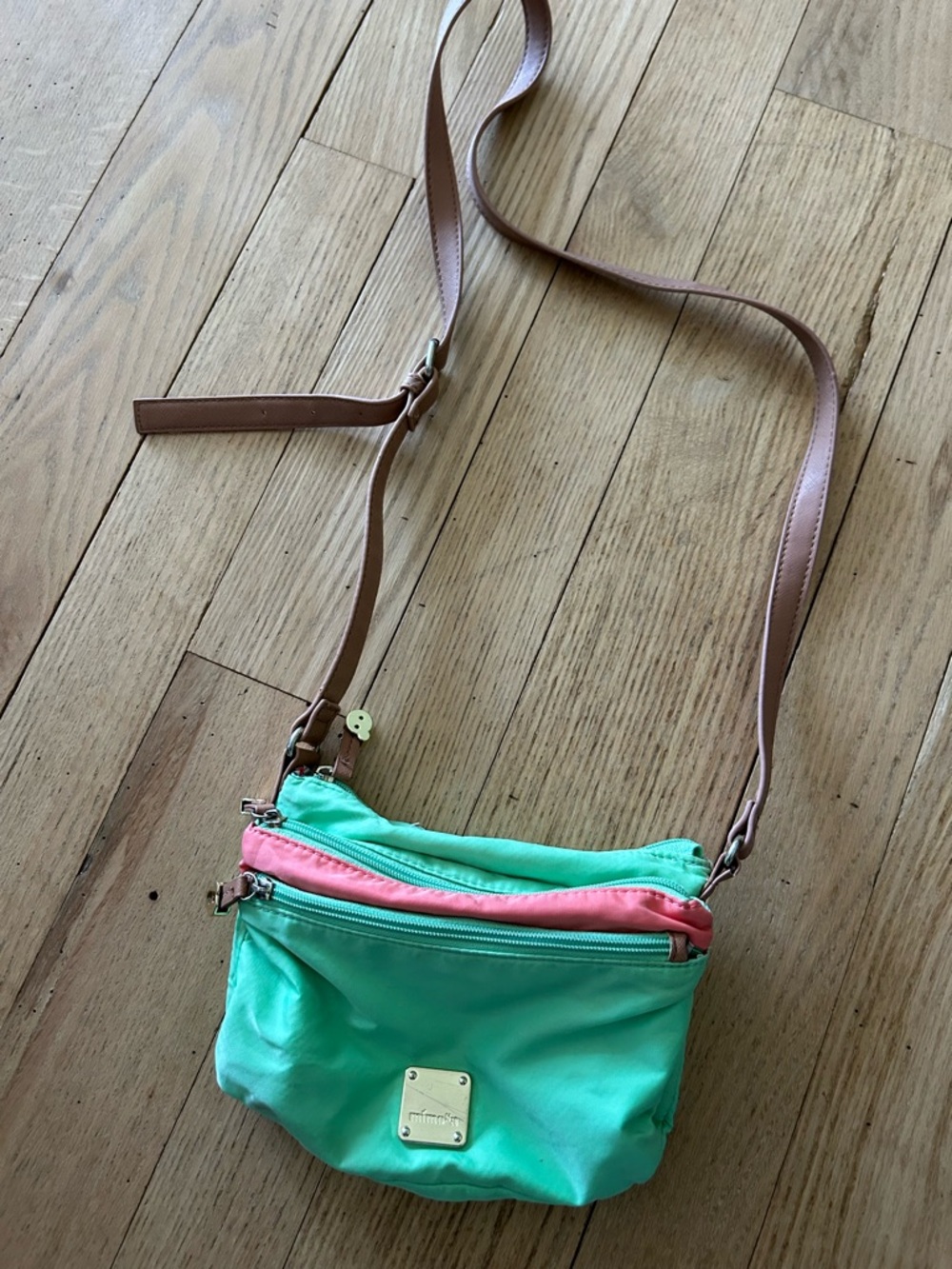 Mint and Coral Two-Tone Crossbody Bag with Tan Strap